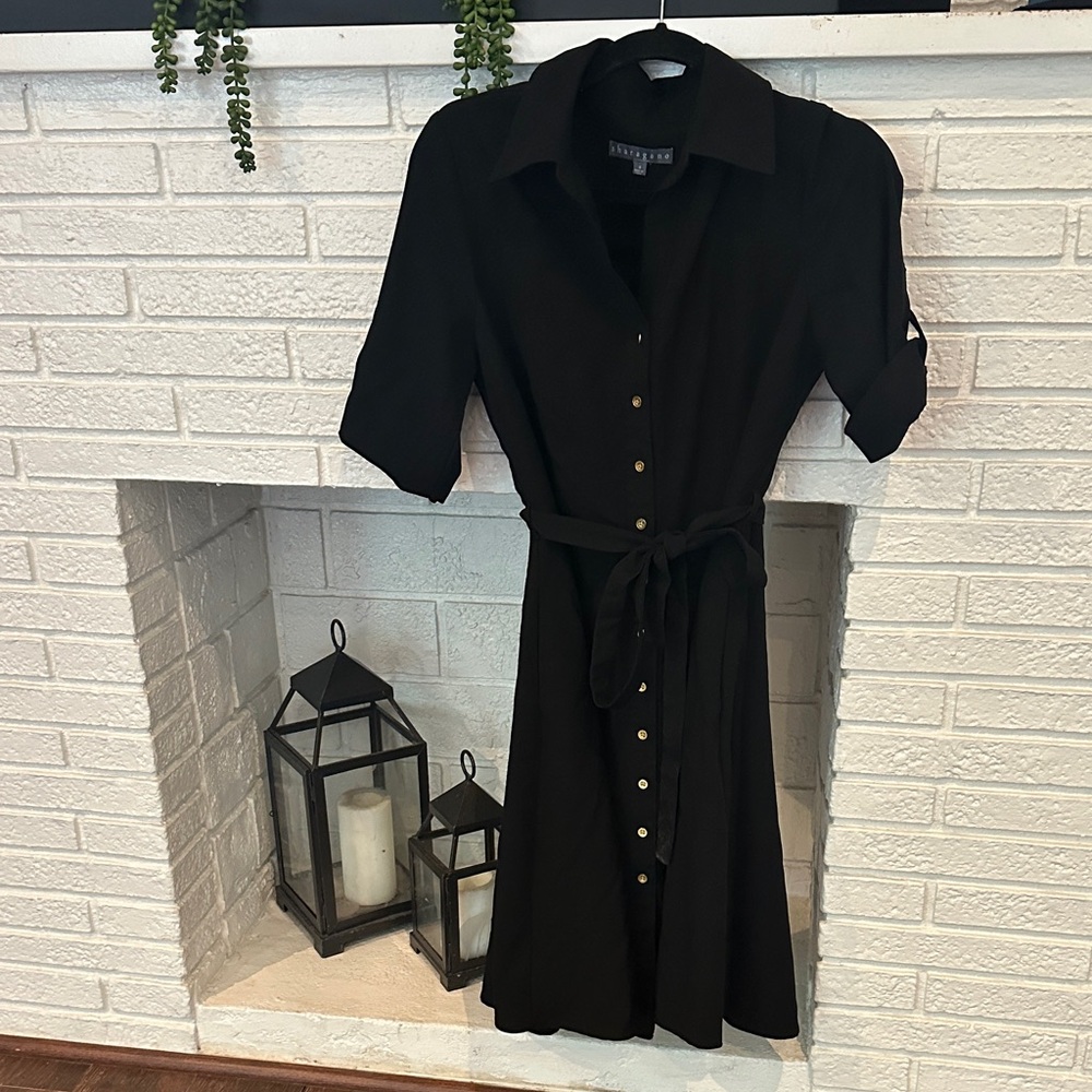 Sharagano Black Long Sleeve Button-Front Shirt Dress